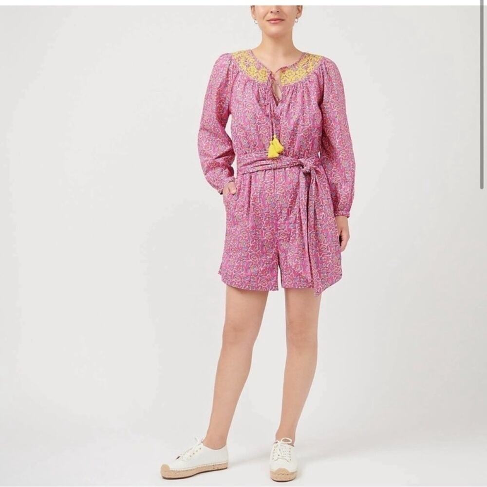 J. Crew | Embroidered Romper Pink Vines Block Print AP193
